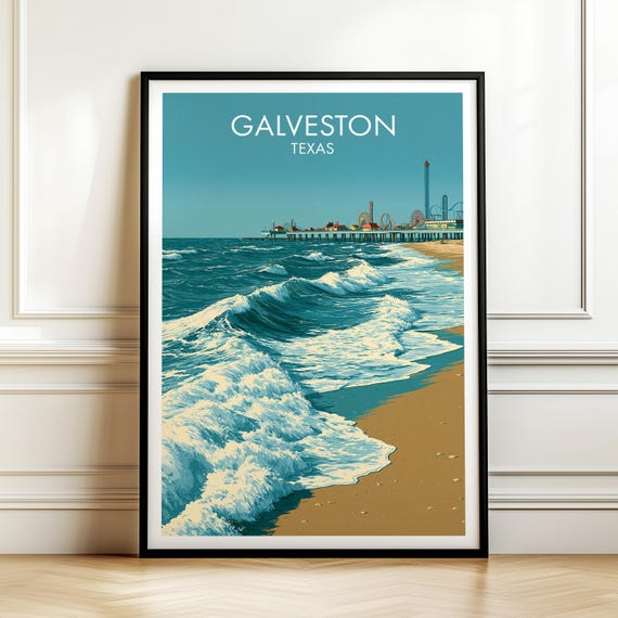 Galveston Texas Poster Vintage Usa Cityscape Travel Wall Art American Landmark Print Americana Decor