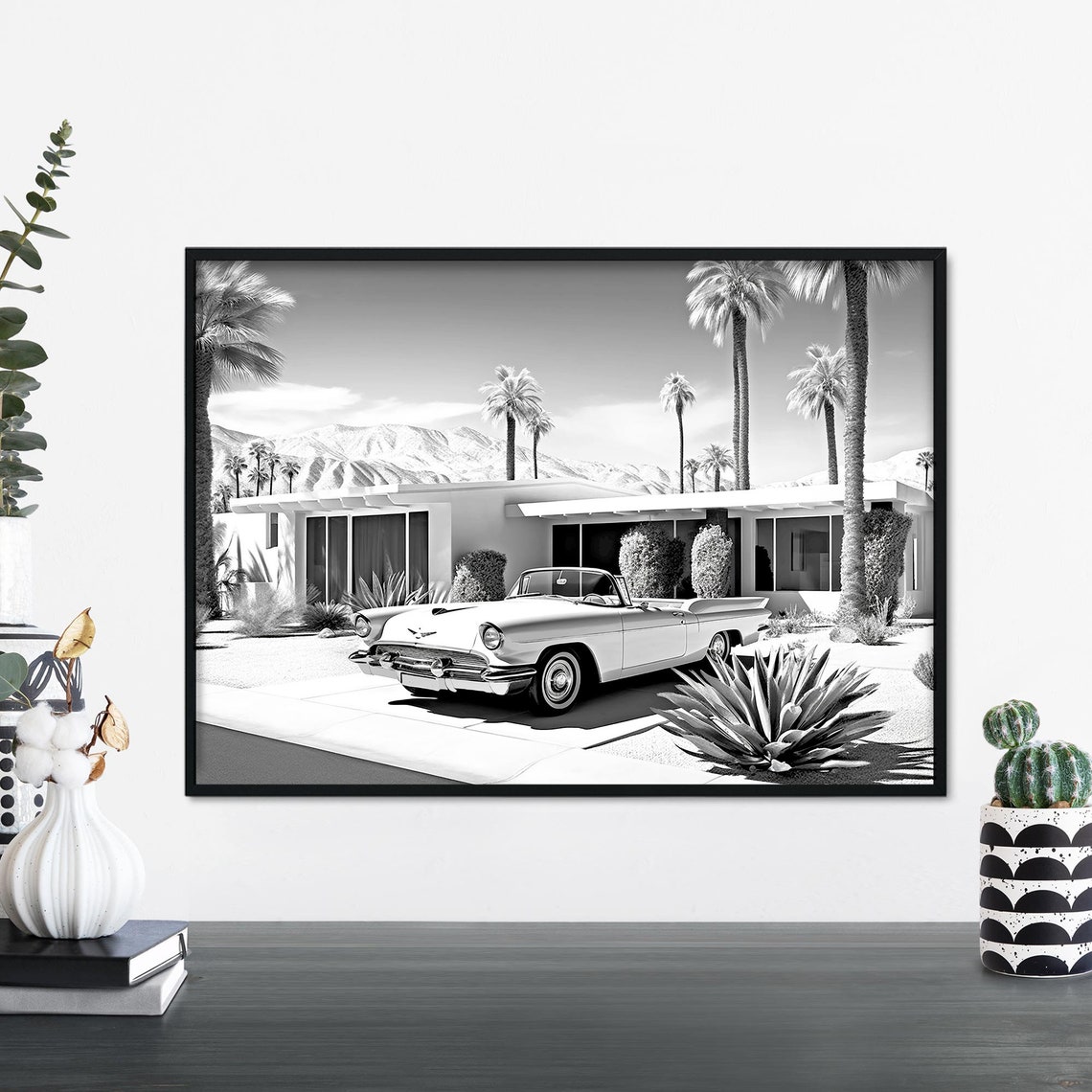 Classic Convertible at Palm Springs Home Black White Travel Poster