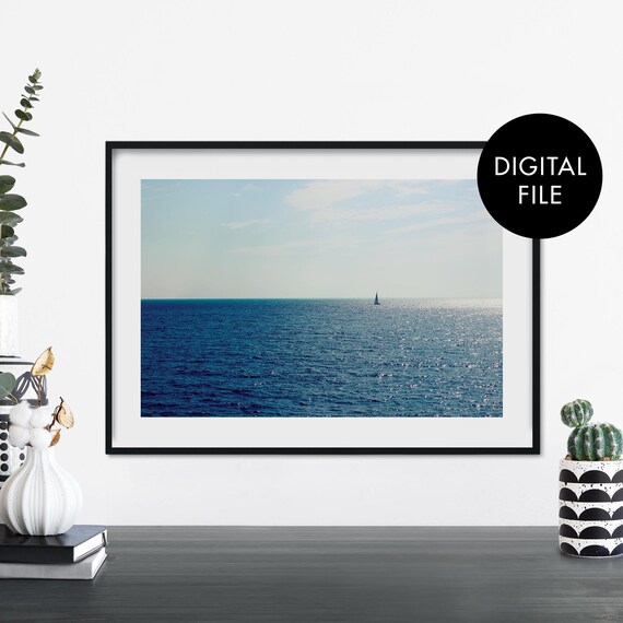 Lone Sailboat On Open Blue Ocean Minimal Coastal Seascape Print