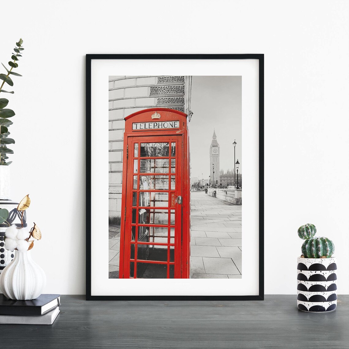 Red London Phone Box With Big Ben Selective Color Travel Poster