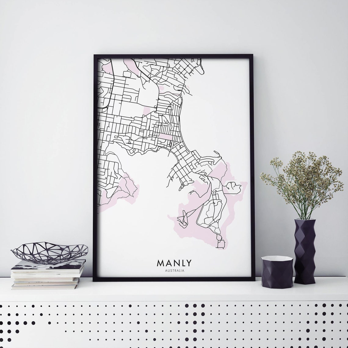 Manly Australia Coastal Street Map Blush Pink Sydney Beach Poster