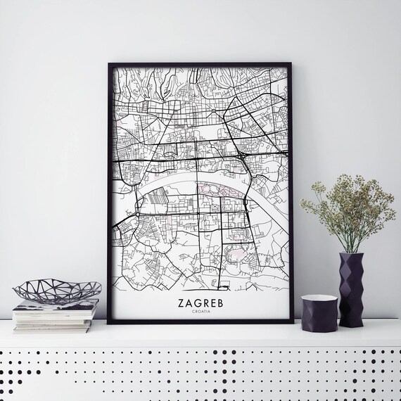 Zagreb Croatia Street Map Bold Black And White City Line Art Poster