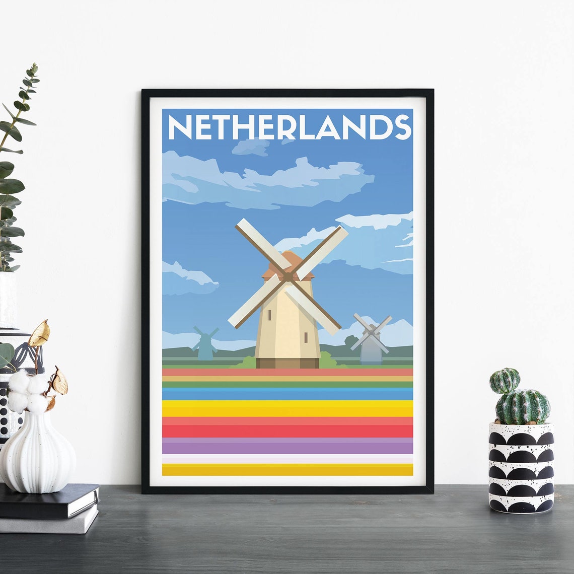 Netherlands Windmill Tulip Fields Retro Vintage Style Travel Poster