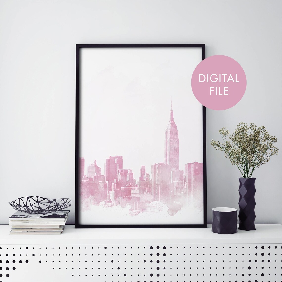 Pink Watercolor New York City Skyline Digital Download Poster