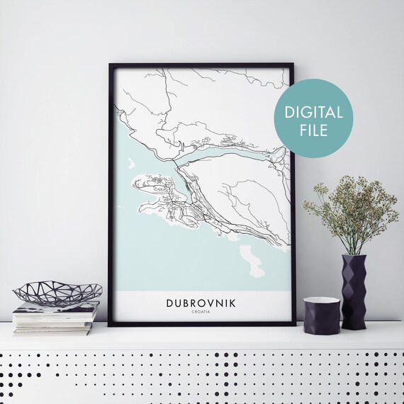 Dubrovnik Croatia Minimalist Teal Coast City Map Travel Poster