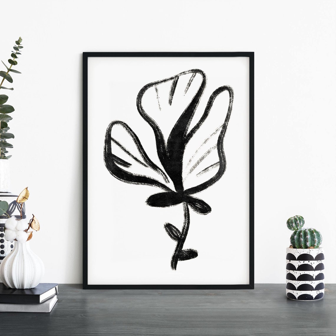 Bold Brushstroke Flower Bloom Black and White Abstract Poster