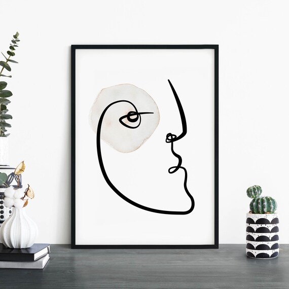 Minimalist One Line Face Drawing Beige Watercolor Wash Wall Art
