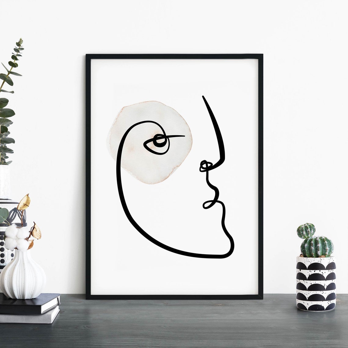 Minimalist One Line Face Drawing Beige Watercolor Wash Wall Art
