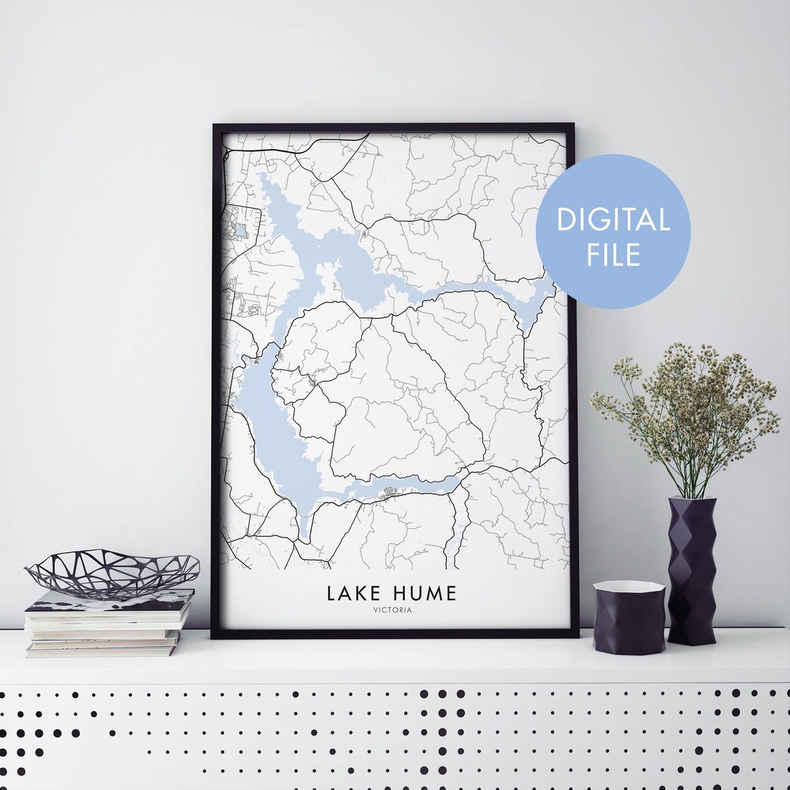 Lake Hume Victoria White Background Blue Water Map Wall Poster