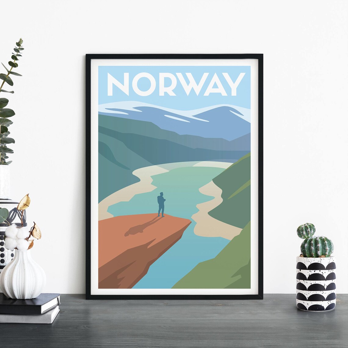 Norway Fjord Mountain Valley Scenic Explorer Vintage Travel Poster