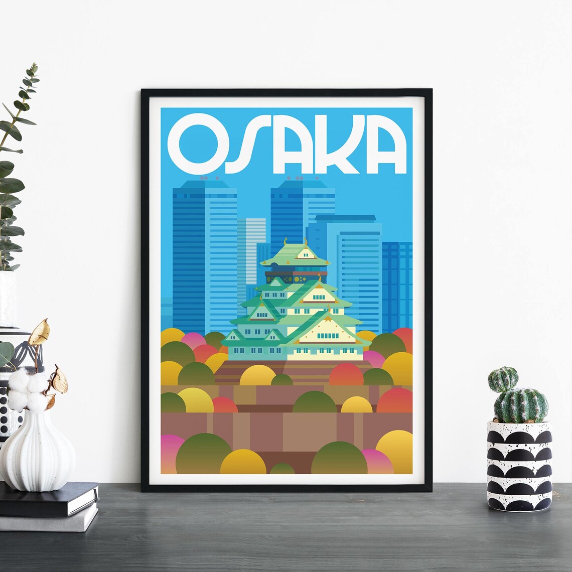 Osaka Japan Castle Autumn Skyline Retro Vintage Travel Poster