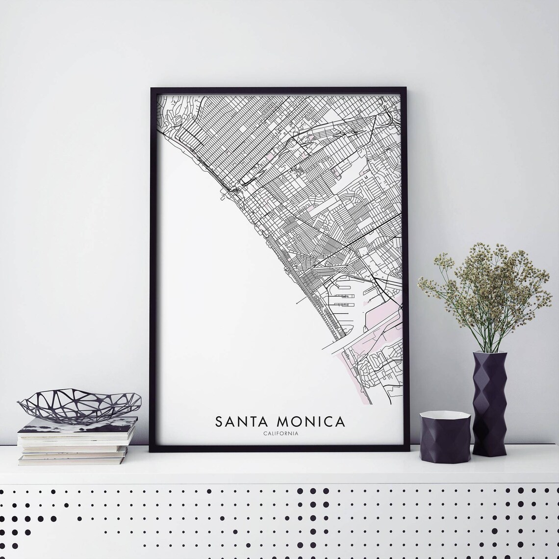 Santa Monica California Minimalist Beach City Map Street Wall Poster