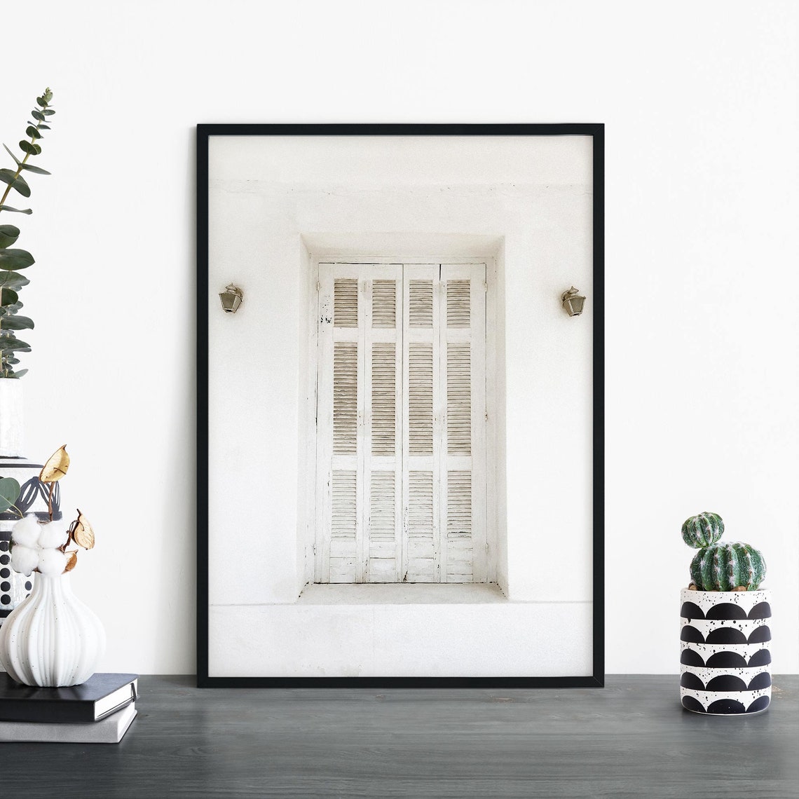 White Wooden Shutters Window Bright Minimalist Photography Poster