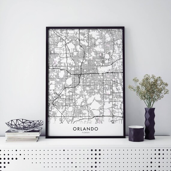 Orlando Florida Black and White City Street Map Art Poster for Home