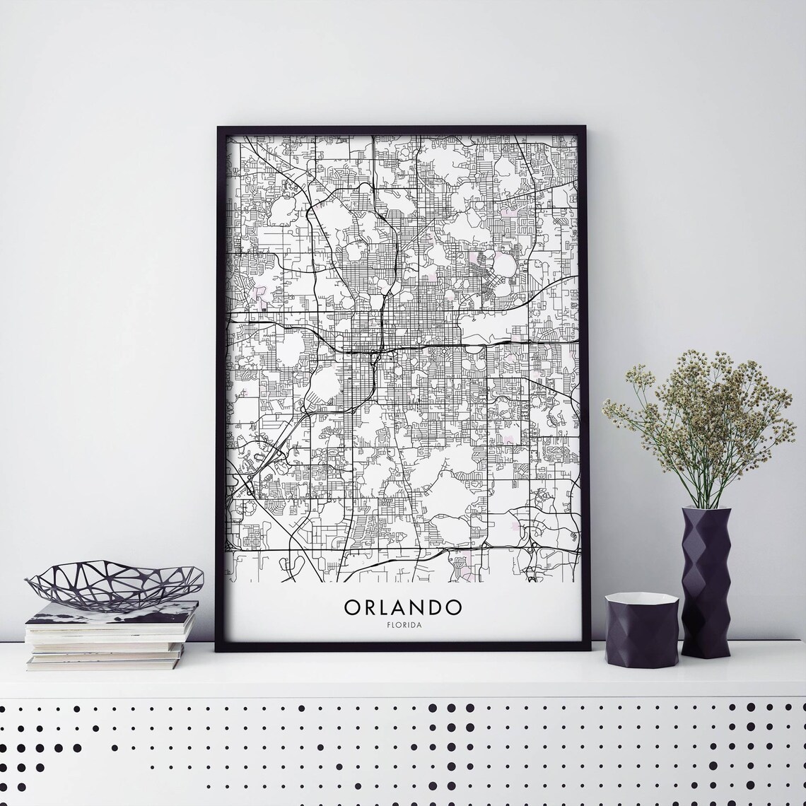 Orlando Florida Black and White City Street Map Art Poster for Home