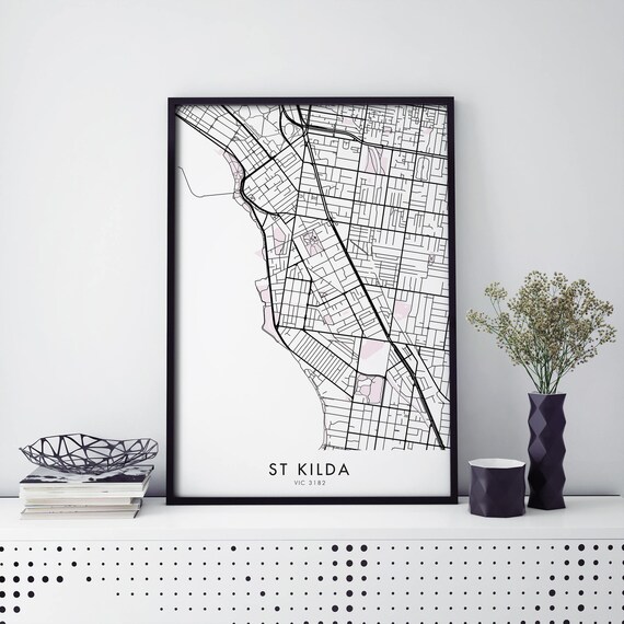 St Kilda Melbourne VIC Black White City Map Minimalist Print