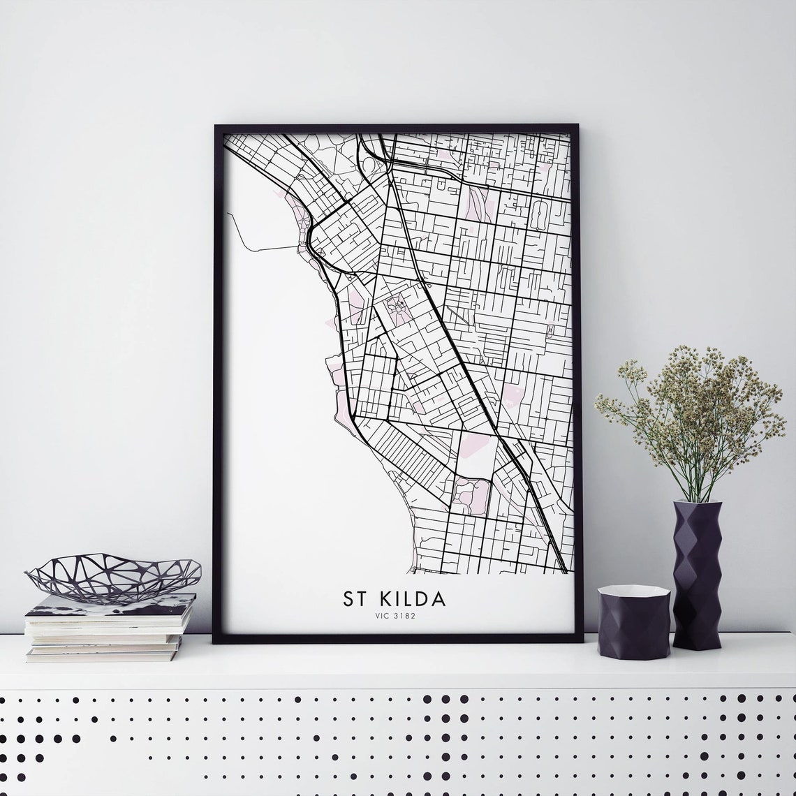St Kilda Melbourne VIC Black White City Map Minimalist Print