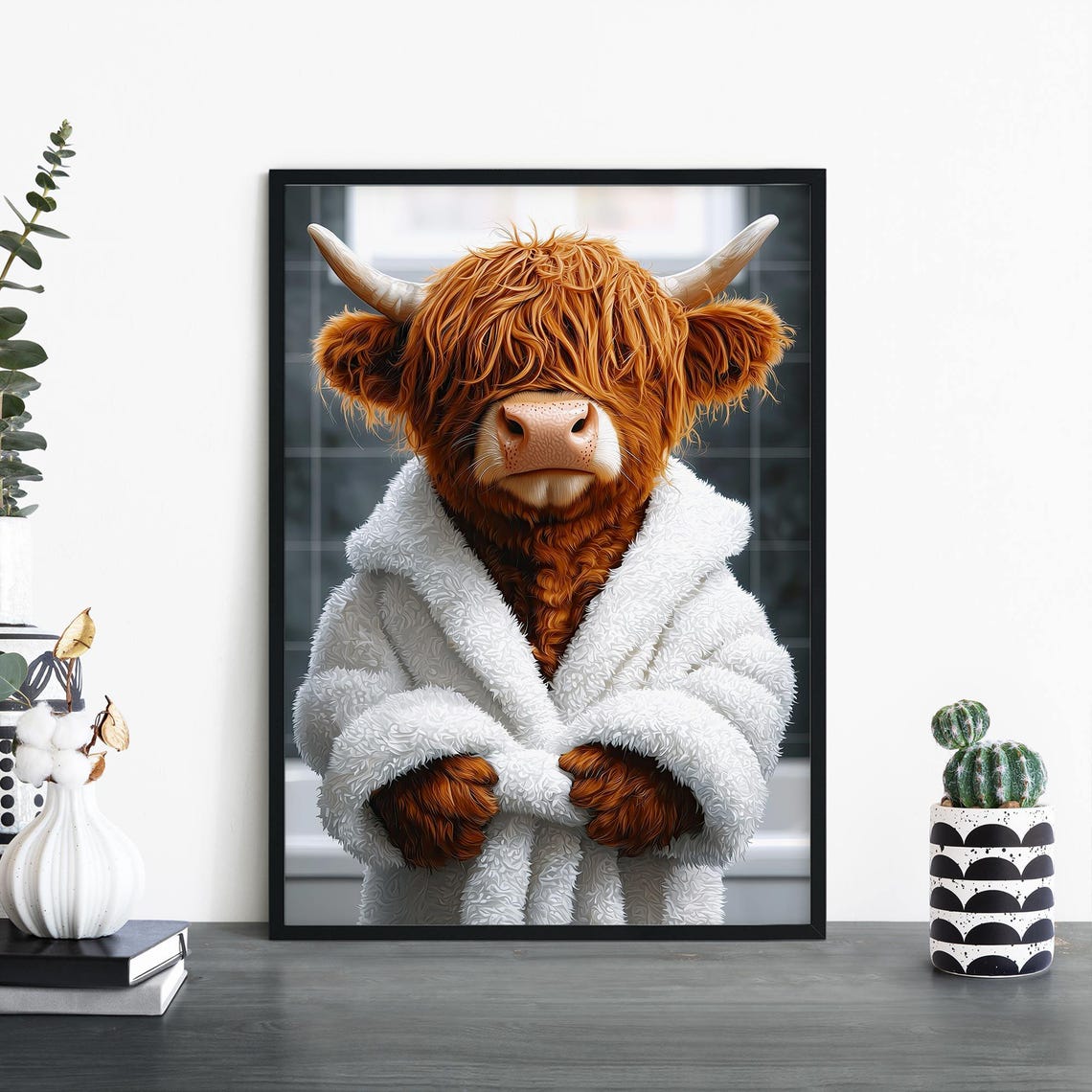 Cozy Highland Cow in White Bathrobe Funny Bathroom Animal Poster