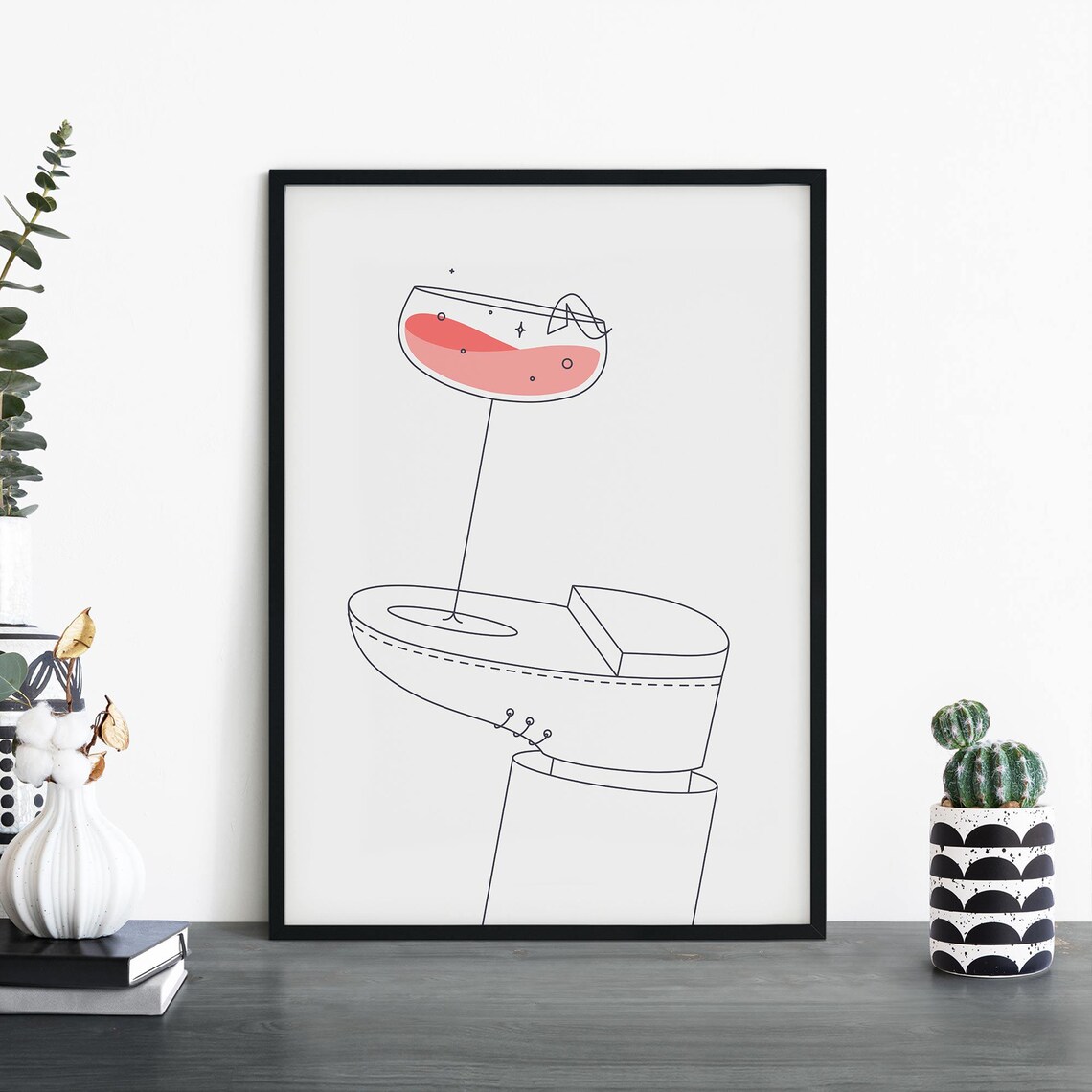 Pink Daiquiri On A Shoe Quirky Line Art Cocktail Print Minimalist Decor