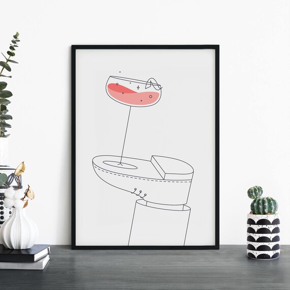 Pink Daiquiri On A Shoe Quirky Line Art Cocktail Print Minimalist Decor