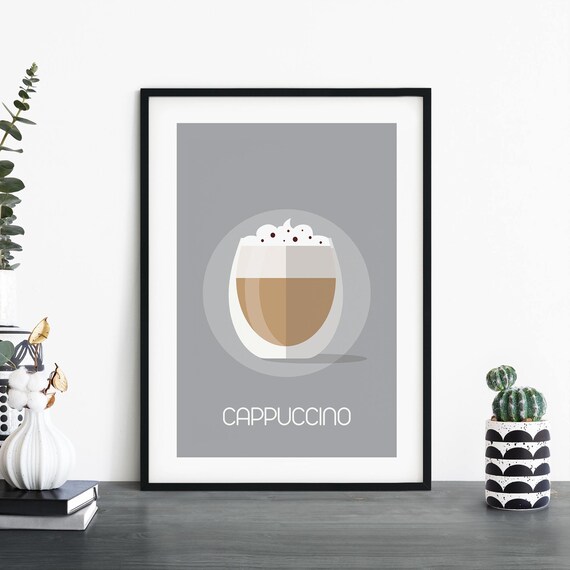 Cappuccino Coffee Minimalist Foamy Glass Cup Grey Poster Kitchen Decor
