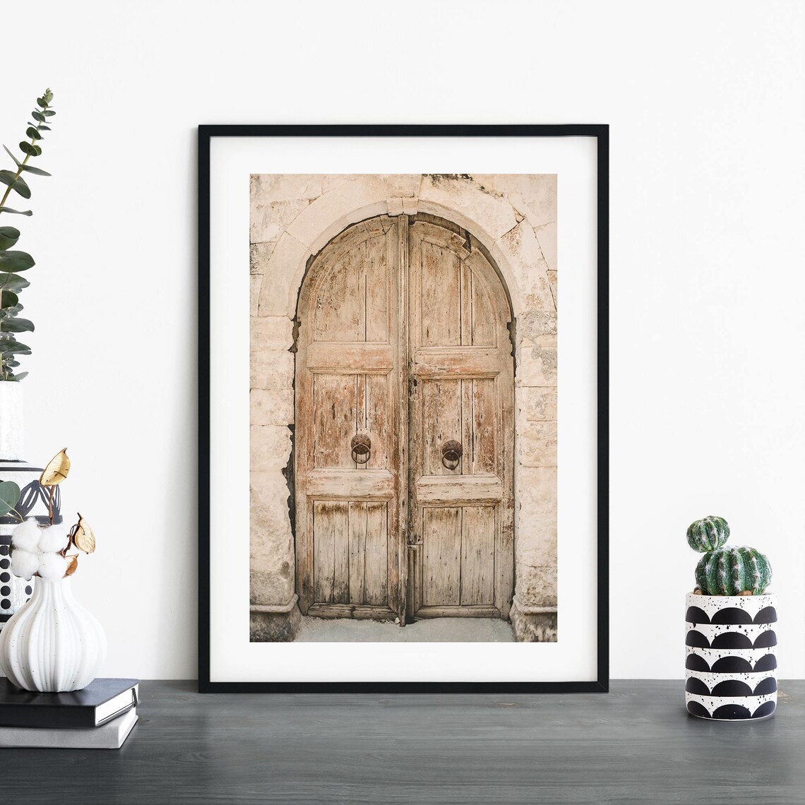 Rustic Arched Wooden Door on Aged Stone Wall Vintage Photo Print