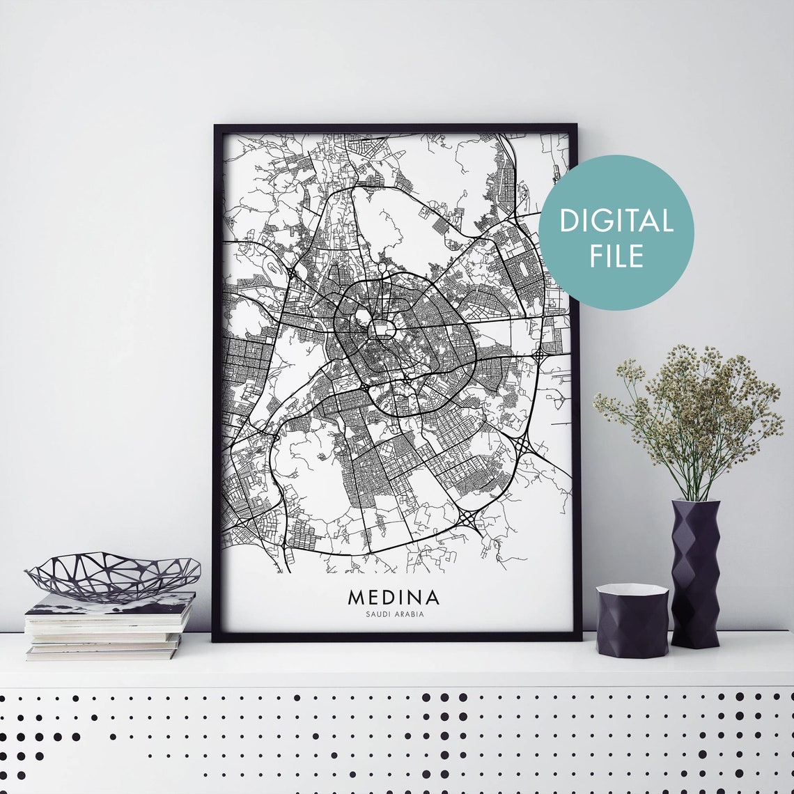 Minimalist Black and White Medina Saudi Arabia City Map Poster