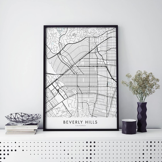 Beverly Hills California Black and White City Street Map Poster