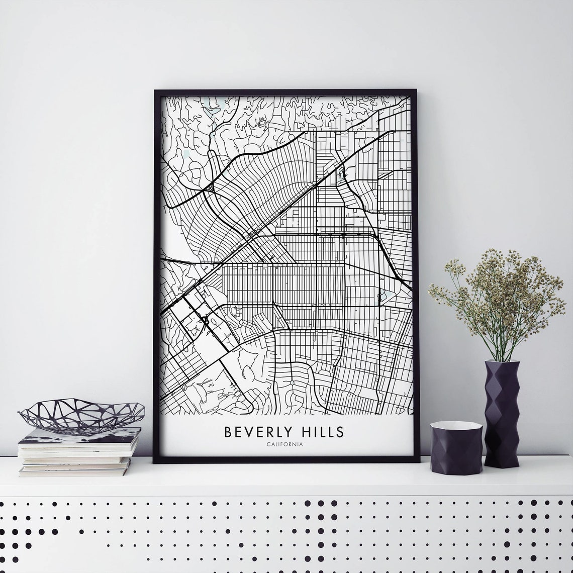 Beverly Hills California Black and White City Street Map Poster
