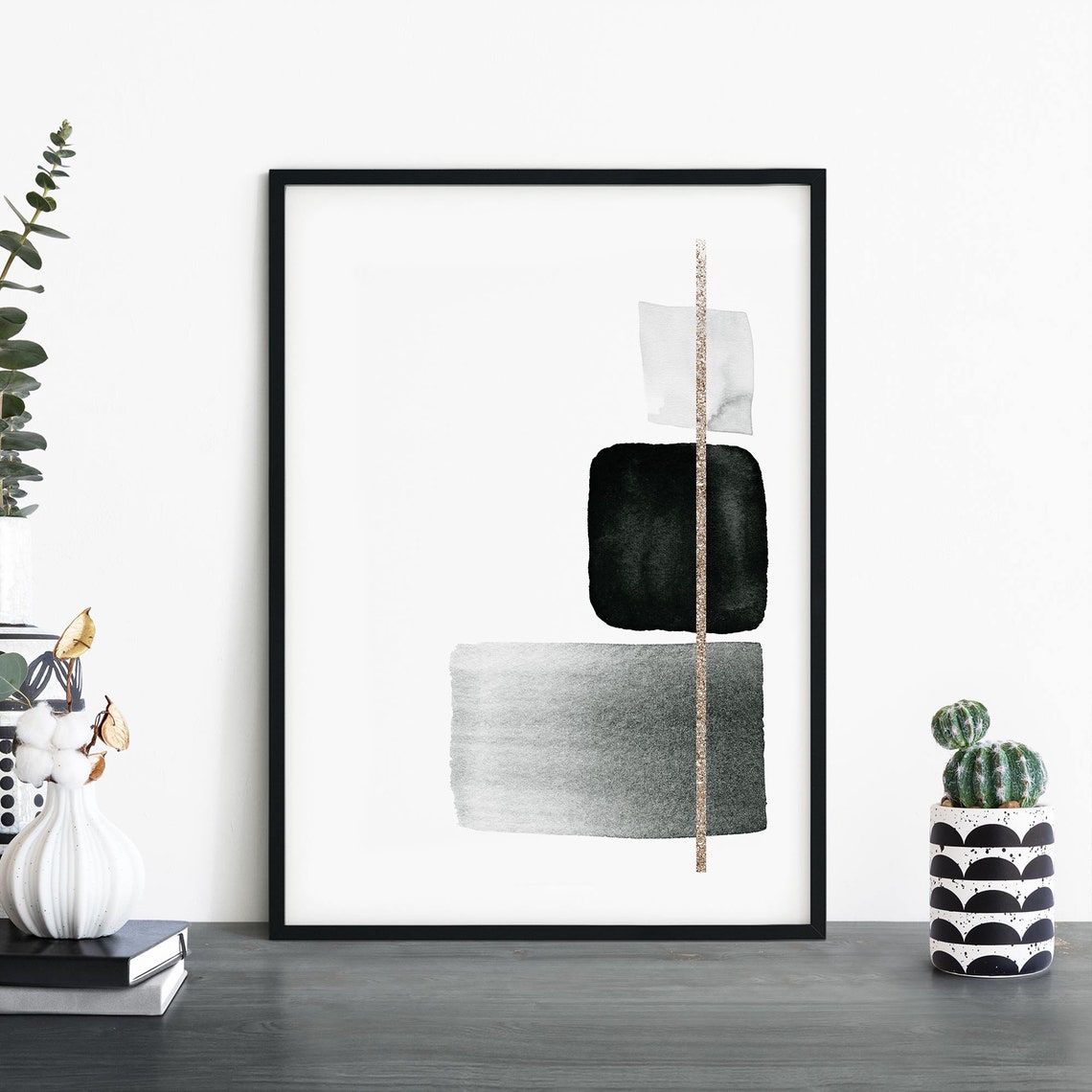 Grey Gradient Squares Abstract Watercolor Gold Line Modern Art Print