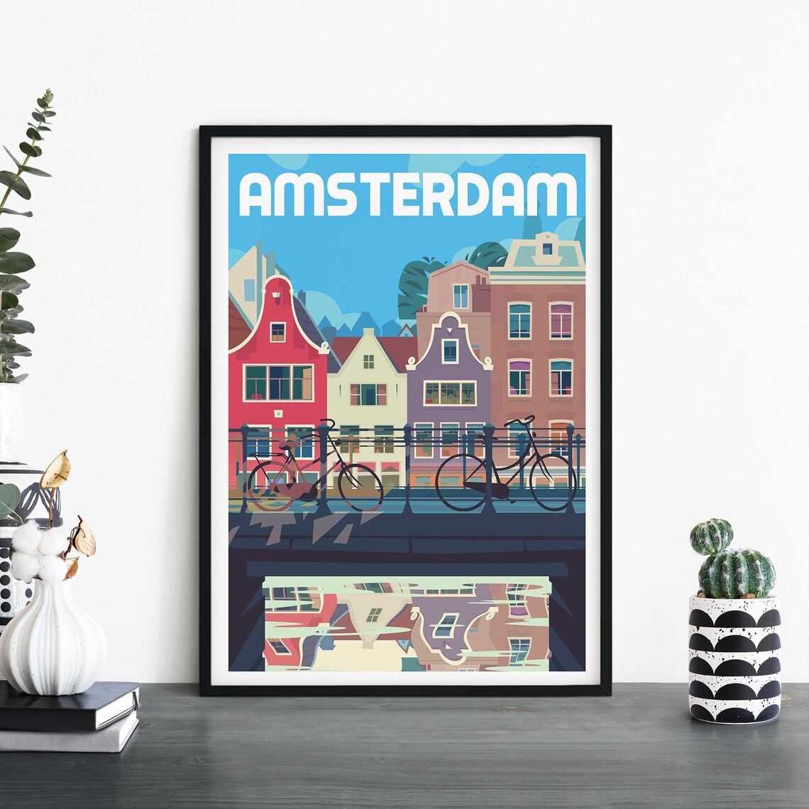 Amsterdam Canal Bridge Bicycles Colorful Gabled Houses Travel Poster