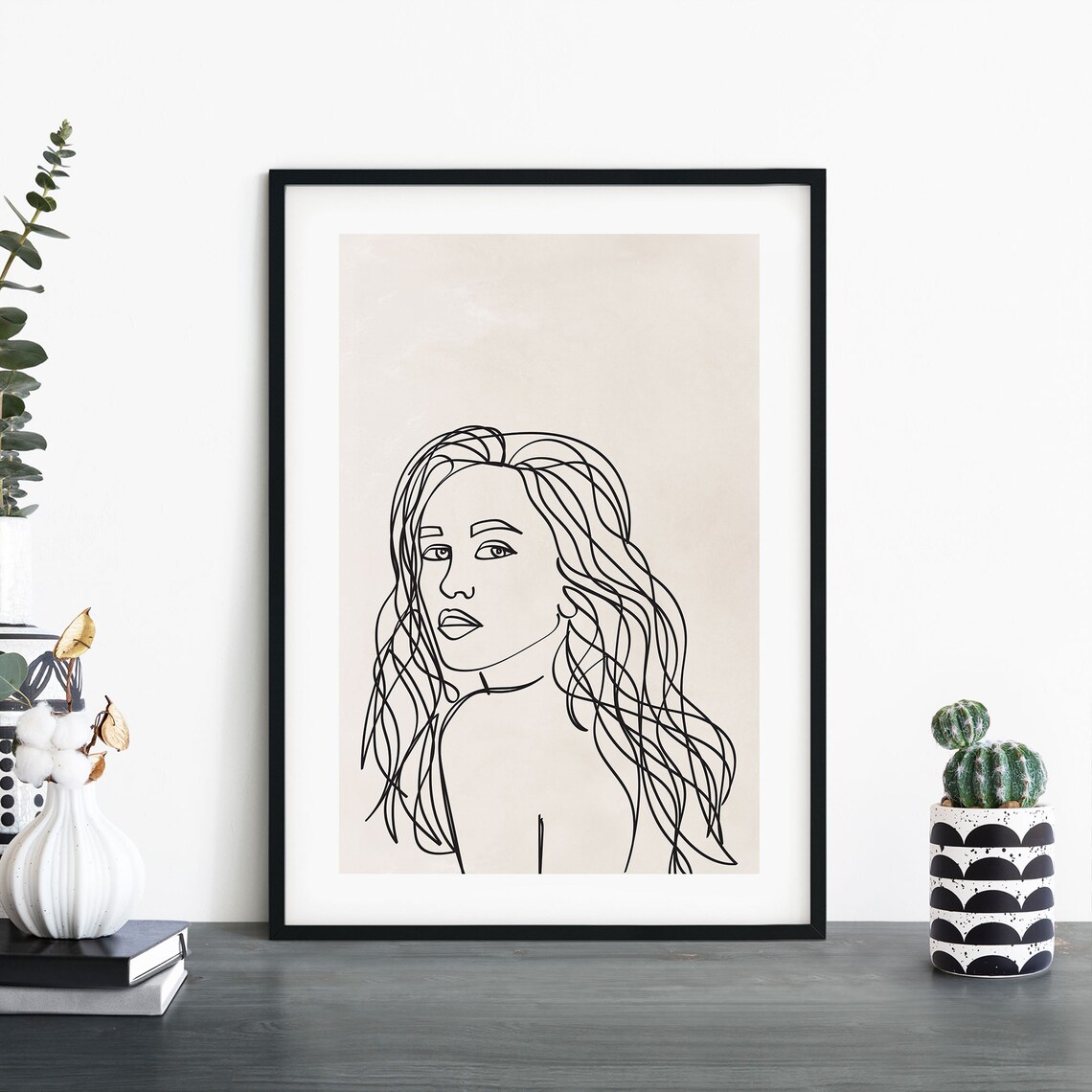 Single Line Woman Portrait Long Wavy Hair Minimalist Art Print