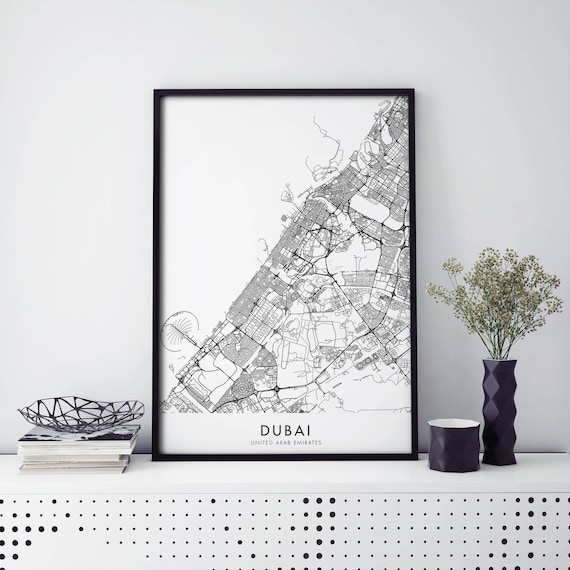 Dubai UAE Coastal City Street Map With Palm Black White Poster