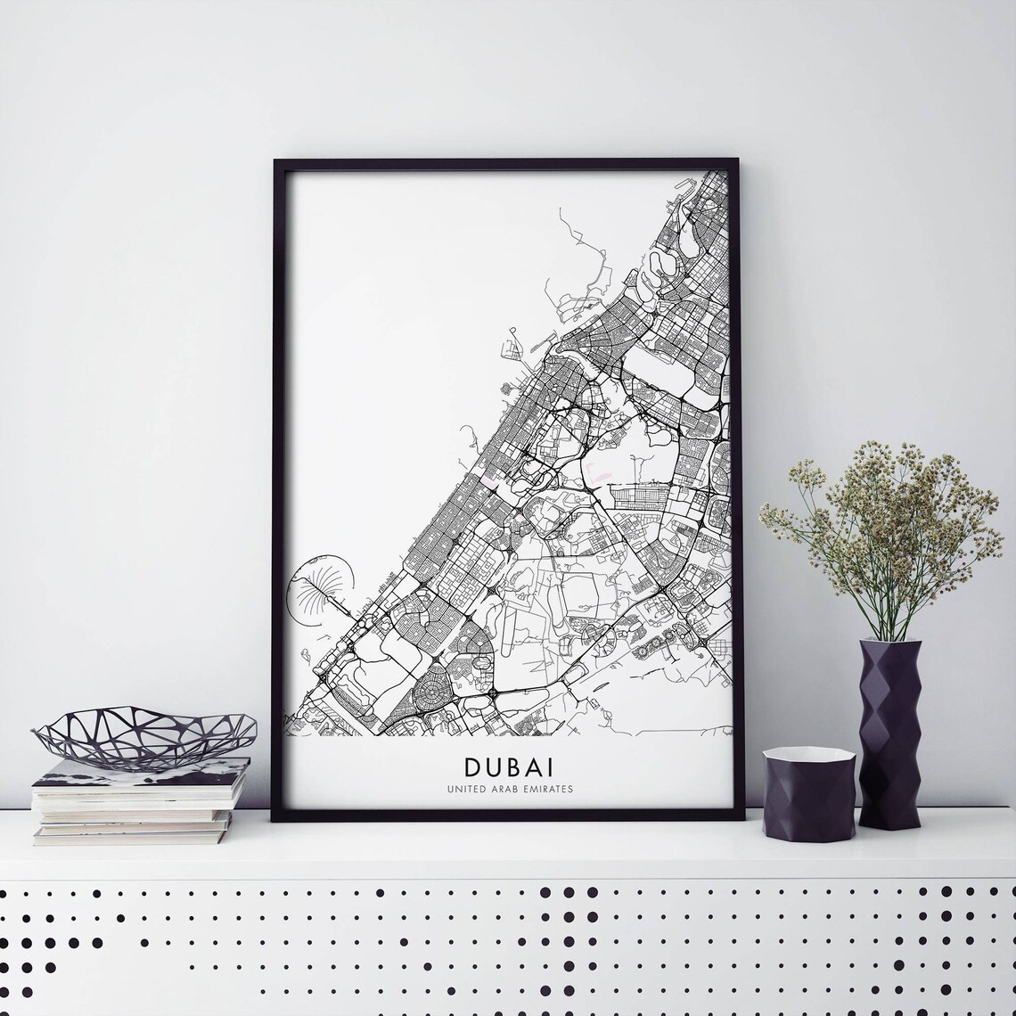 Dubai UAE Coastal City Street Map With Palm Black White Poster