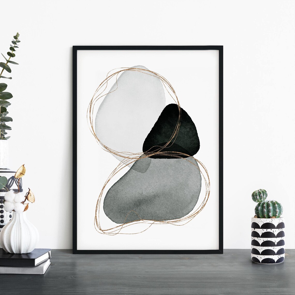 Black Gold Abstract Watercolor Organic Shapes Modern Art Print