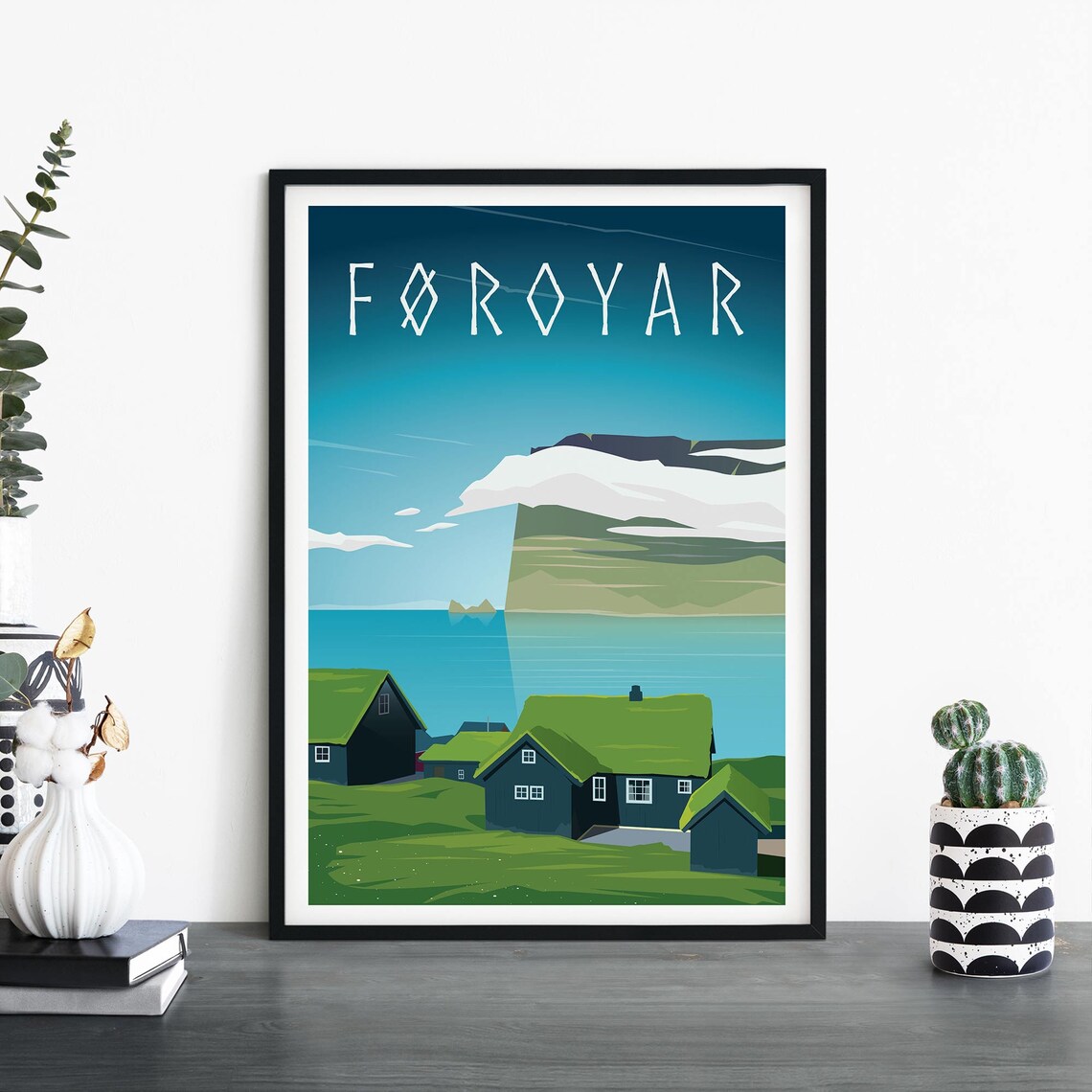 Foroyar Faroe Islands Green Roof Houses Nordic Travel Poster