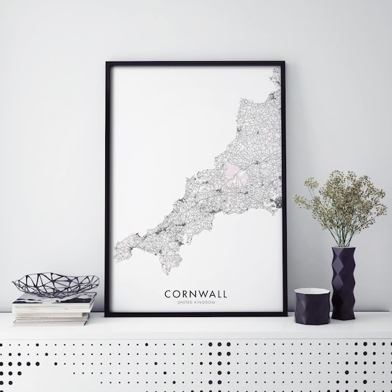 Cornwall United Kingdom Minimalist Map Poster Pink Accent Artwork