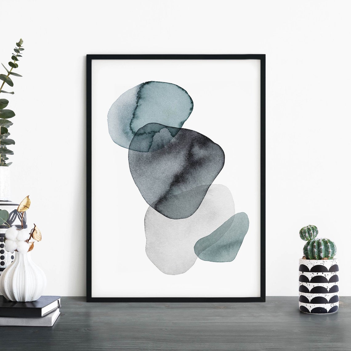 Abstract Watercolour Pebble Stones Grey Teal Modern Decor Poster