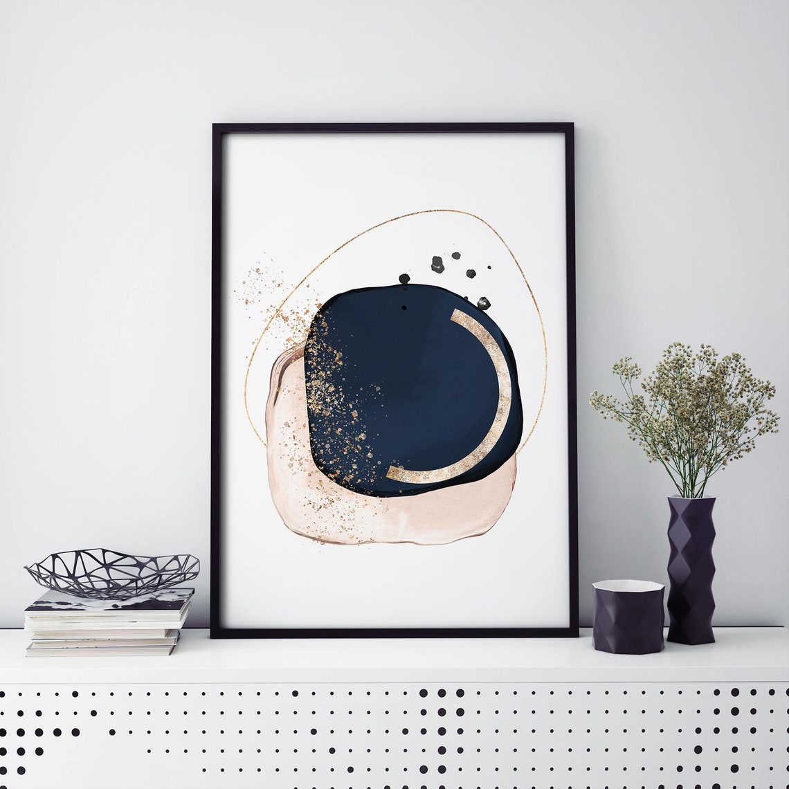 Navy Blue Circle Gold Arc Minimalist Modern Abstract Art Print