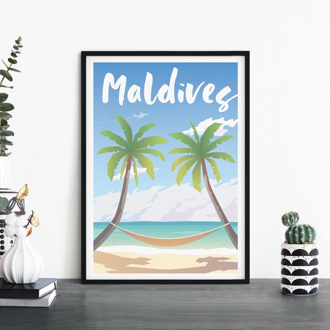 Sunny Maldives Beach Hammock Palm Trees Tropical Travel Poster