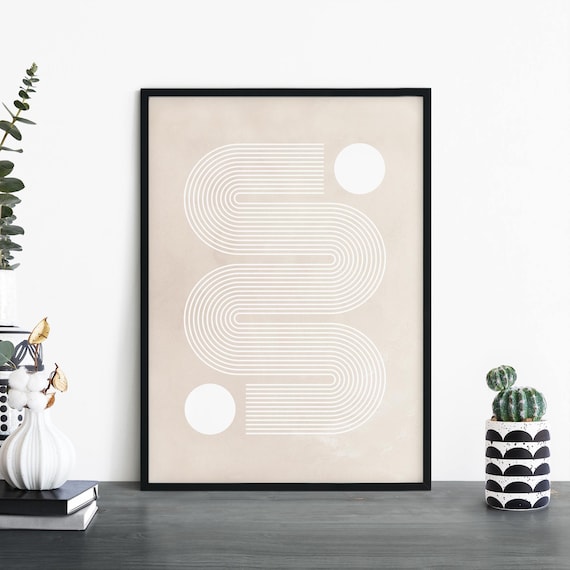 Curvy Modern Geo Beige White Abstract Print Wall Art 4x6 5x7 A4 A3 A2 A1