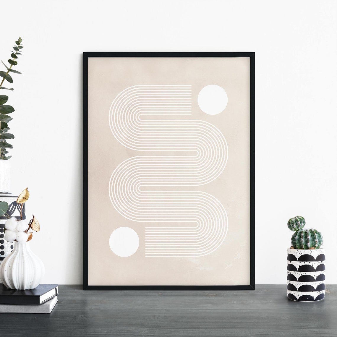 Curvy Beige White Concentric Arch Minimal Boho Abstract Poster