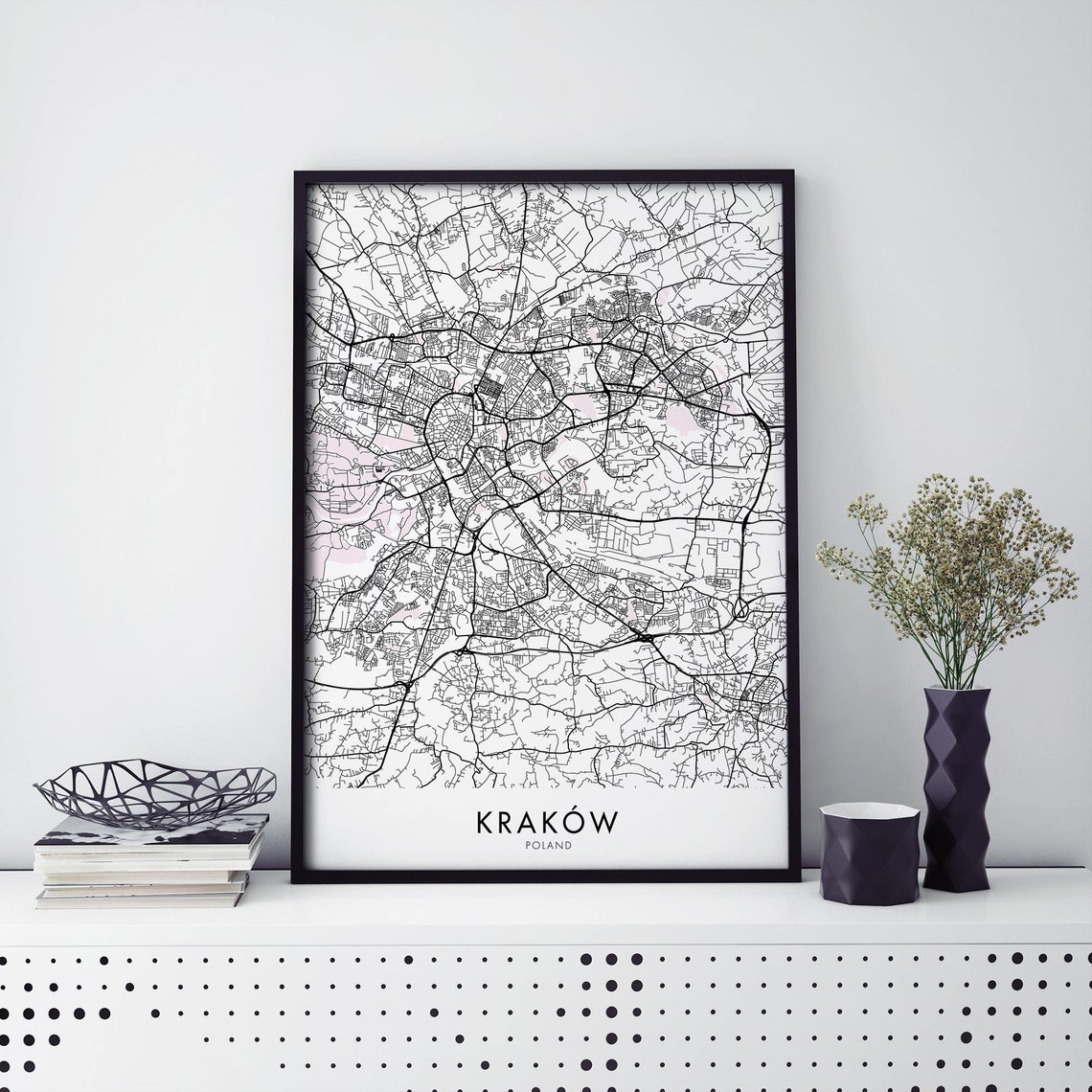 Minimalist Black and White Kraków Poland City Street Map Poster