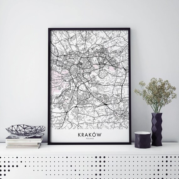 Minimalist Black and White Kraków Poland City Street Map Poster