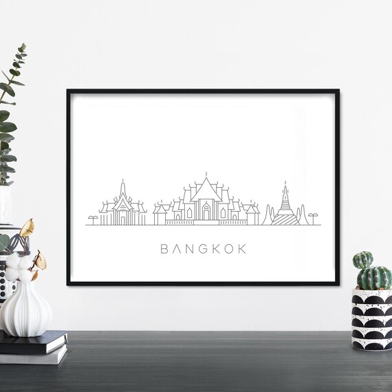 Bangkok Thailand City Skyline Temples Linear Minimalist Art Poster