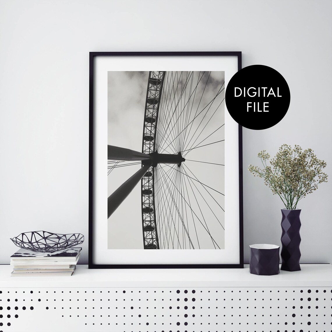 London Eye Black and White Digital File London Travel Poster