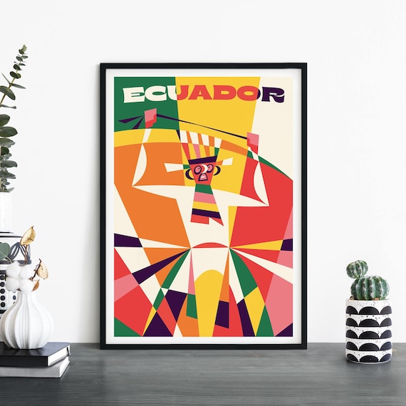 Ecuador Folk Dancer Colorful Geometric Vintage Travel Poster