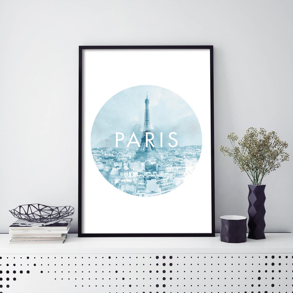 Paris Eiffel Tower Blue Watercolor Circle Romantic Travel Art Poster