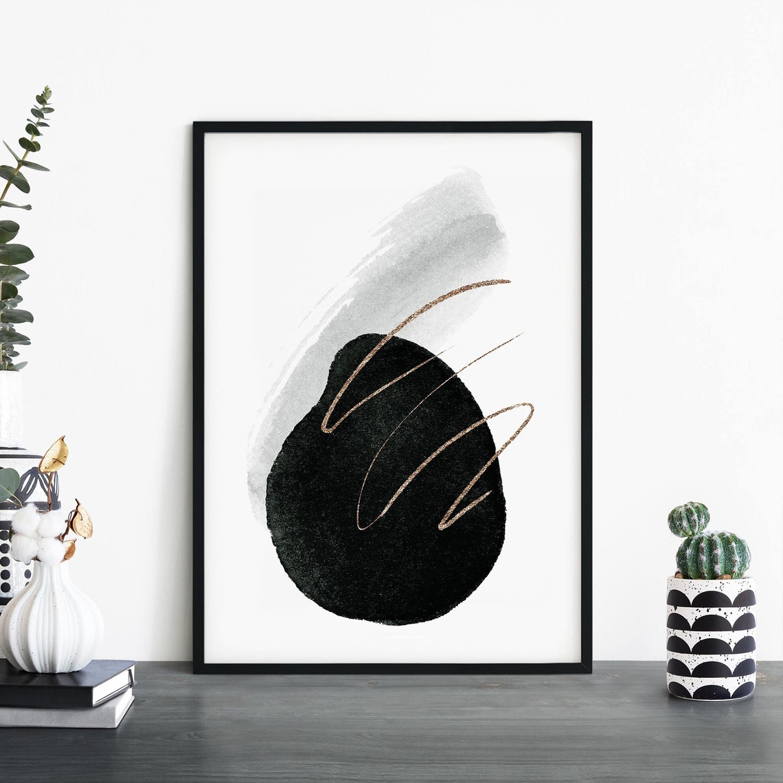 Black Ink Blob Gold Line Abstract Minimalist Modern Art Decor Poster