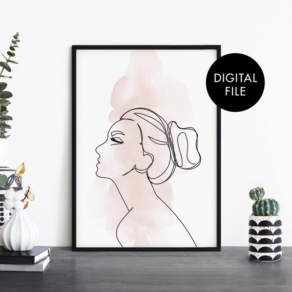 Female Profile Line Drawing Blush Watercolor Fashion Art Print